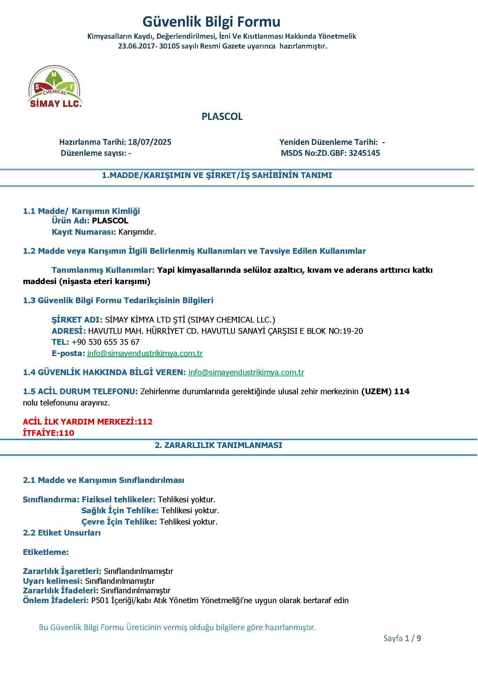 PLASCOL GÜVENLİK BİLGİ FORMU (MSDS)